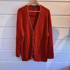 Lands End Red Gold Trim Sparkle Women's Cable Knit Button Cardigan 3X
